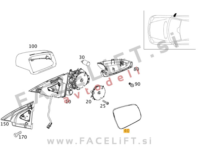 Mercedes GL / X164 (11-12) / steklo ogledala / desno