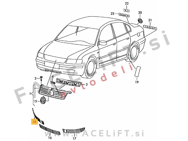 VW Passat 3BG 00-05 mreža sprednjega odbijača desna VW Passat 3BG 00-05 mreža sprednjega odbijača desna