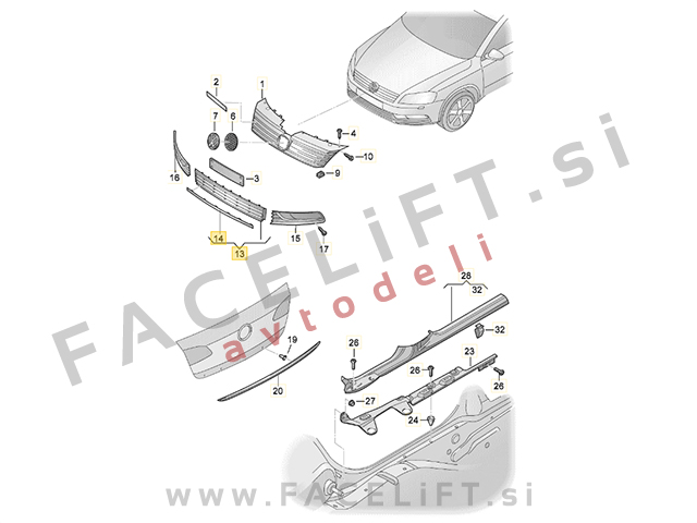 VW Passat B7 10-14 mreža sprednjega odbijača z kromirano letvijo srednja VW Passat B7 10-14 mreža sprednjega odbijača z kromirano letvijo srednja