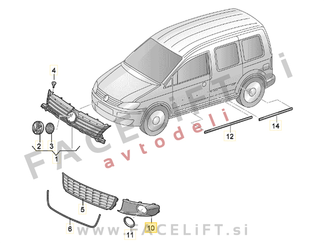 VW Caddy 10-15 mreža sprednjega odbijača leva VW Caddy 10-15 mreža sprednjega odbijača leva
