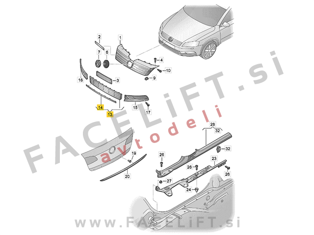 Mreža sprednjega odbijača Highline VW Passat B7 10-14